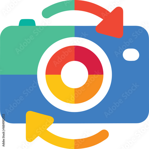 Abstract camera icon with rotating arrows around the lens, colorful