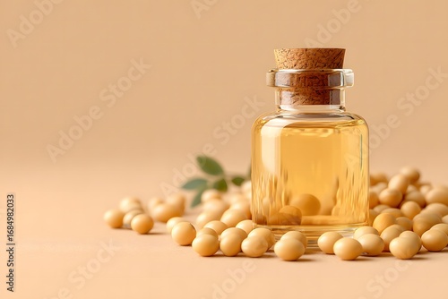 Clear Glass Bottle with Essential Oil Surrounded by Soybeans on a Beige Background