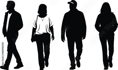 Walking silhouettes of diverse individuals in casual outfits and varied postures for character design, fashion reference, and vector illustration use