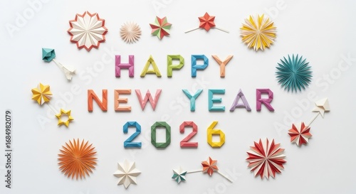 Happy new year 2026 with colorful origami decorations here