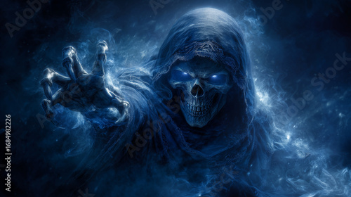 Terrifying grim reaper with glowing eyes under dark hood, skeletal hand reaching towards viewer, surrounded by mist. grim reaper halloween, scary skeleton reaper, skull hood, spook