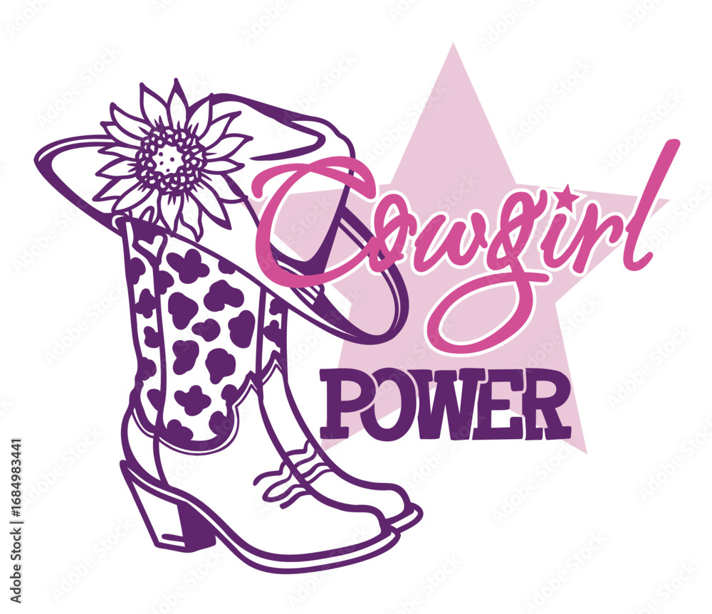 Country Girl power printable pink illustration isolated on white. Vector retro Cowgirl boots and cowboy hat with floral decoration and Country Cowgirl Lettering star decor.