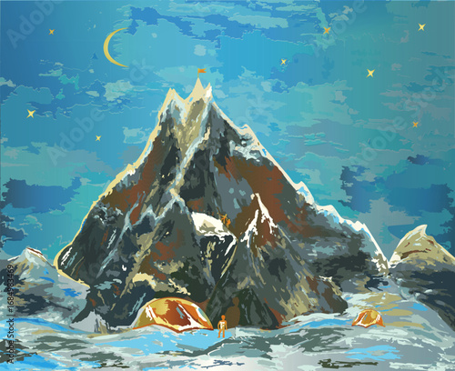 Himalaya II. High mountain climbing. Three climbers.