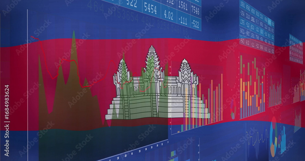 Fototapeta premium Displaying Angkor Wat on Cambodian flag in dashboard, with line graphs, bar charts and pie segments