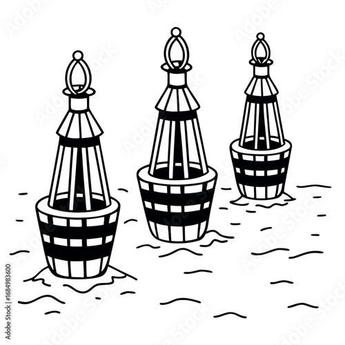 Three vintage black and white navigational buoys floating on water maritime