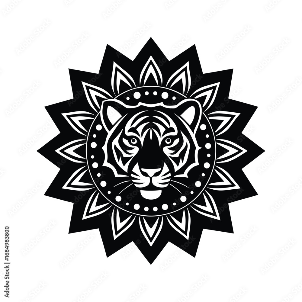 Fototapeta premium Tiger Head Mandala Design: Black and White Tribal Style Vector Illustration