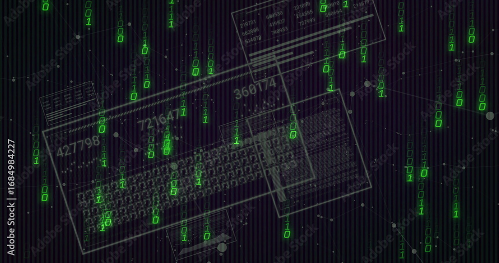 Fototapeta premium Showing keyboard outlines rotating within cyberspace, with green binary digits and network nodes