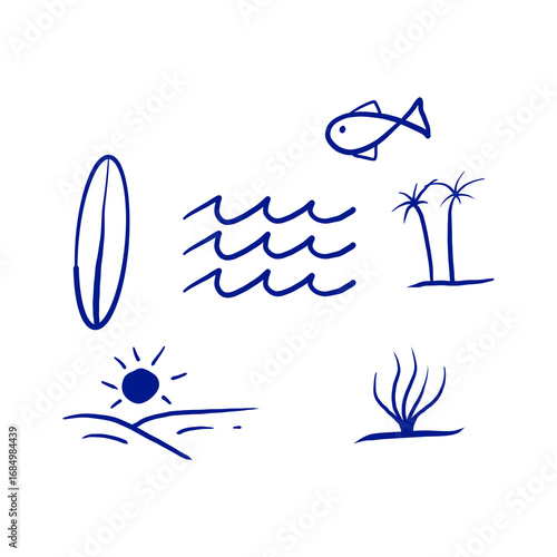 Simple blue line drawing of a beach scene featuring a surfboard, waves, fish, palm tree, sun, and seaweed.