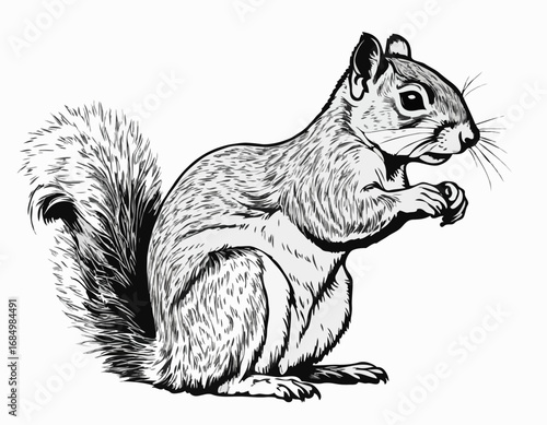Squirrel sitting sketch hand drawn engraved style Vector illustration.