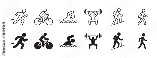fitness activities icon set, running, walking, swimming, cycling, hiking, gym icon set in outline and silhouette style , vector illustration . 