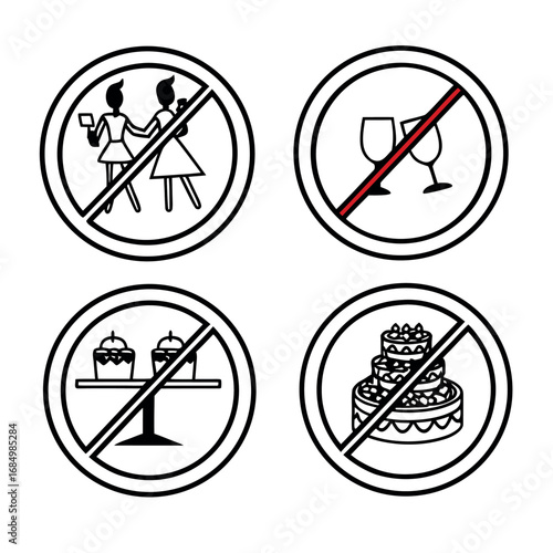 Prohibition signs people drinks cakes no selfies no alcohol