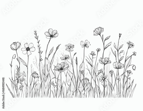 Part of field wild flowers sketch hand drawn sketch in doodle style Vector illustration