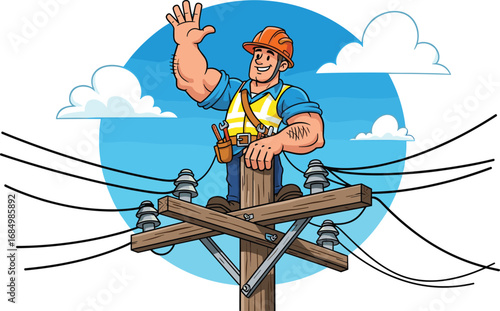 Cartoon lineman on power pole, utility worker illustration, strong electrician character, electrical safety image, energy worker mascot art