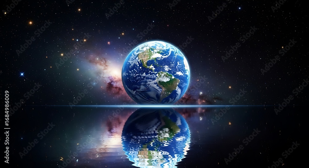 Obraz premium Earth reflecting in water against a backdrop of stars and cosmic nebulae