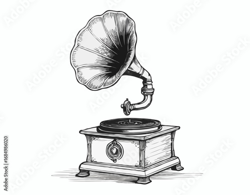 Musical gramophone sketch hand drawn vintage Vector illustration