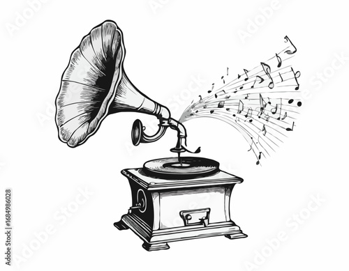 Musical gramophone sketch hand drawn vintage Vector illustration