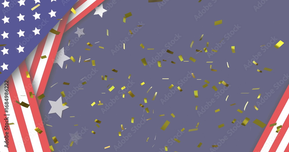 Fototapeta premium Floating gold confetti drifting across purple graphic background, with US flag stripes and stars