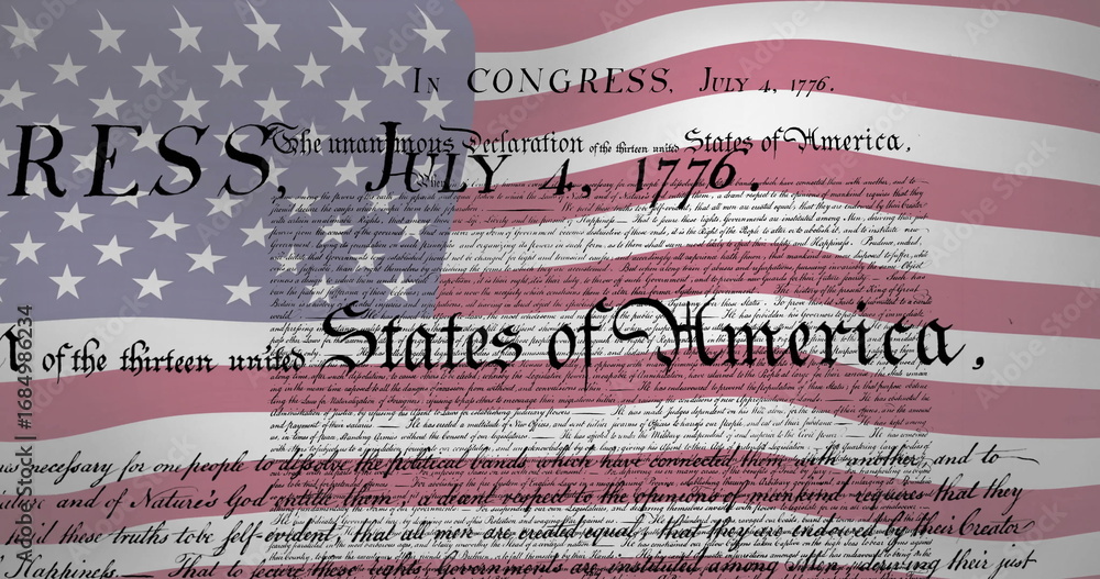 Fototapeta premium Displaying graphic combining United States flag and Declaration text in digital art, historic theme