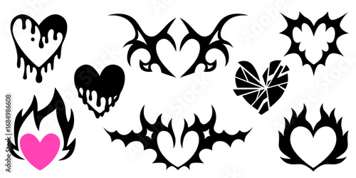 Y2k gothic heart collection with melting black silhouettes, tribal wings and flames for alternative design. Broken geometric shape, dripping paint effect and pink accents. Emo punk aesthetic icons set