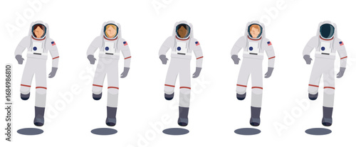 A set of flat illustrations of woman astronauts of various races jumping lightly. Diverse Astronauts Flat Design Vector Illustration.