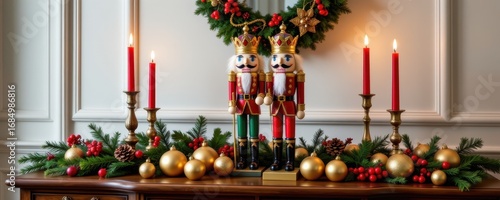 nutcracker standing among golden ornaments red candles and pine garlands on a sideboard creating a luxurious christmas decoration