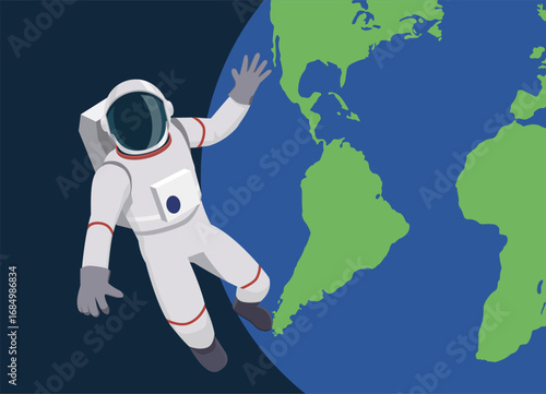Flat design illustration of an astronaut on a spacewalk, with Earth as the background.