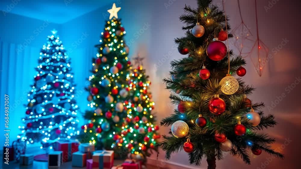 Festive Christmas Trees Decorated with Ornaments and Lights in Cozy Home Festive Christmas Trees Decorated with Ornaments and Lights in Cozy Home