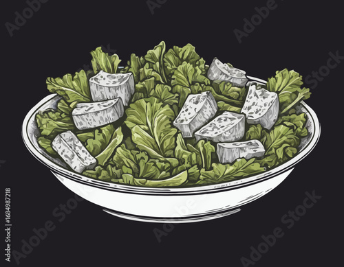 Caesar salad dish hand drawn engraving style sketch Vector illustration.