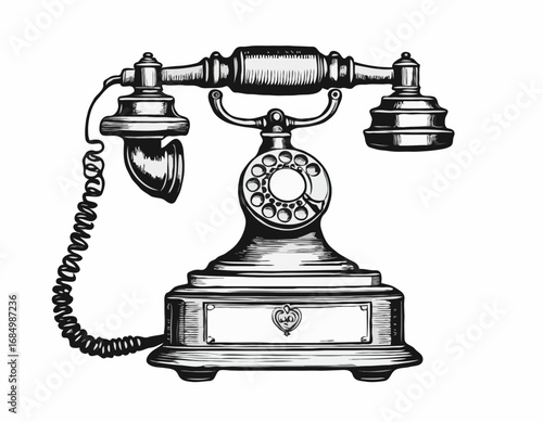 English old telephone retro vintage sketch hand drawn engraving style Vector illustration