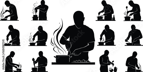Cooking man silhouette, chef preparing food, kitchen activity, boiling pot, frying pan, stirring soup, culinary art, restaurant, meal preparation