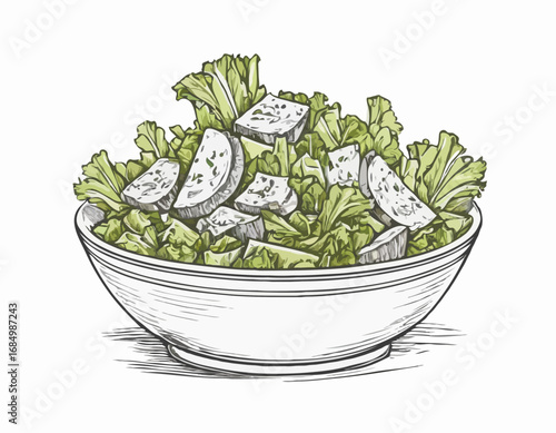 Caesar salad dish hand drawn engraving style sketch Vector illustration.
