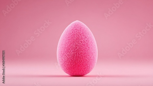 A pink egg shaped makeup sponge sits on a pink background