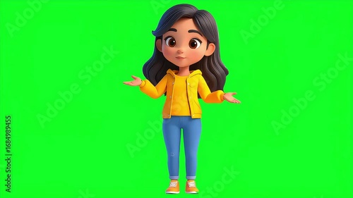 Cheerful cartoon girl with long dark hair in a yellow hoodie and blue jeans stands smiling on a vibrant green background.