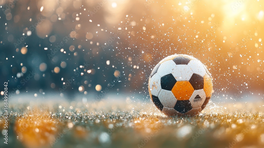 Fototapeta premium Exciting soccer match in rainy weather outdoor field sports photography dynamic atmosphere close-up view passion for the game