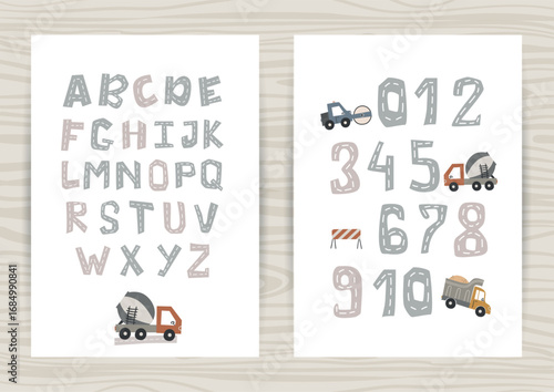 Set of posters with alphabet and numbers with construction equipment. Perfect for children's bedroom, decorating a nursery, kindergarten and wall decorations.