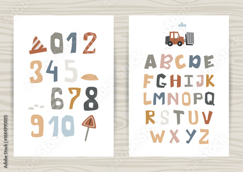 Set of posters with alphabet and numbers with construction equipment. Perfect for children's bedroom, decorating a nursery, kindergarten and wall decorations.