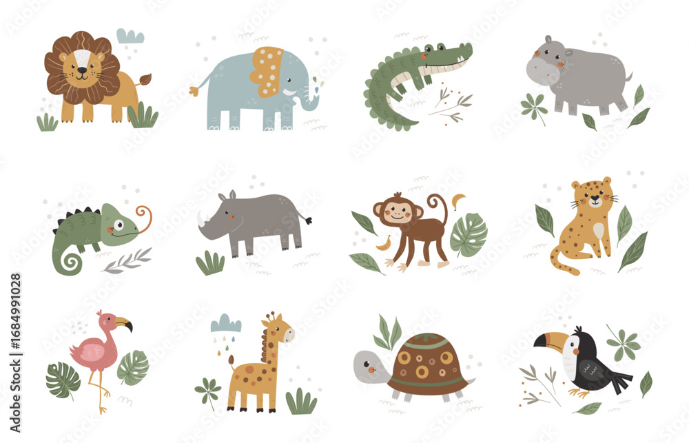 Fototapeta premium Vector set of ready-made compositions with animals of the savannah. Perfect for children's clothing, cards, posters, banners, children's books and more