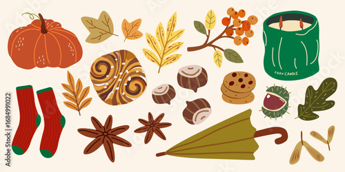 Flat autumn leaves, pumpkins, branches, spices, baking stickers in retro style. Cozy autumn elements set and shapes for greeting cards, posters, patches, labels, stamps