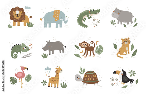 Vector set of ready-made compositions with animals of the savannah. Perfect for children's clothing, cards, posters, banners, children's books and more