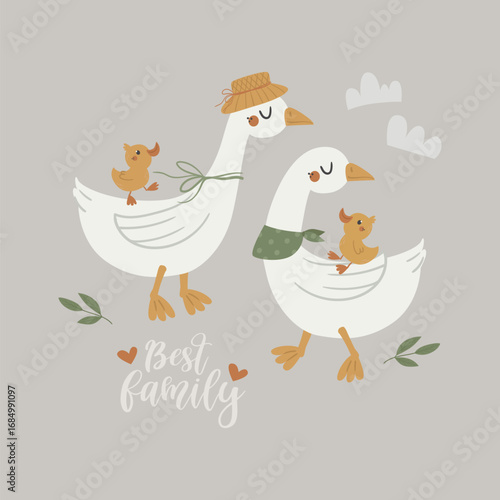 Children's poster with a cute family of geese. Ideal for decorating children's rooms, cards and other children's products