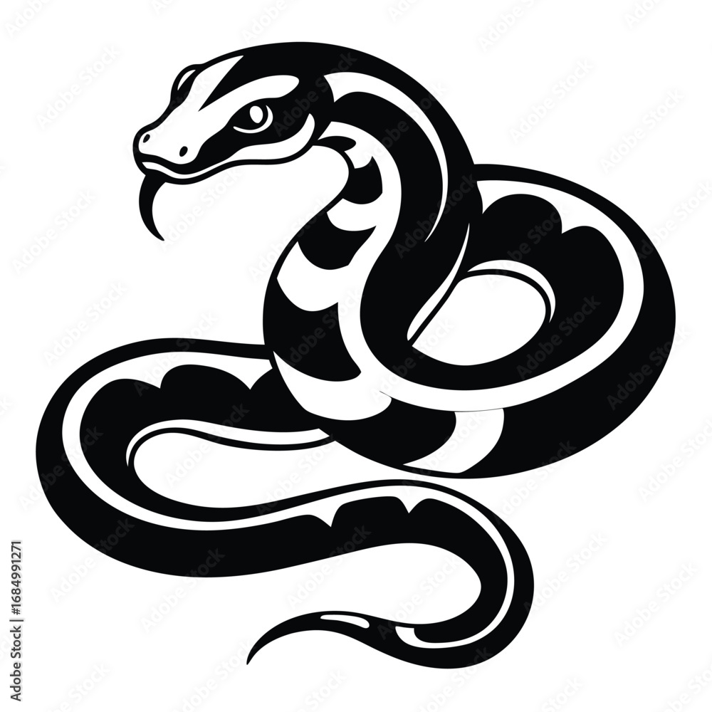 Fototapeta premium Stylized Snake Illustration with Bold Black and White Patterns A Striking Reptilian Design for Tattoos and Graphics