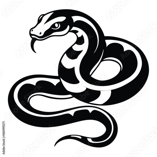 Stylized Snake Illustration with Bold Black and White Patterns A Striking Reptilian Design for Tattoos and Graphics