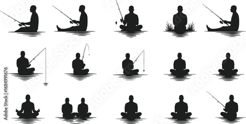 Fishing silhouette, man sitting with fishing rod, outdoor activity, lake fishing, meditation, relaxation, nature, fisherman, sport, hobby, lifestyle