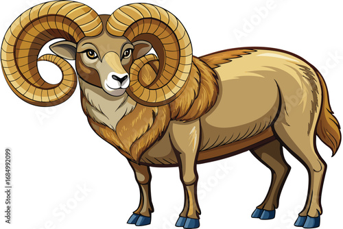Majestic Ram with Large Curled Horns Standing Tall and Proud, An Illustration with Rich Colors and Detailed Linework