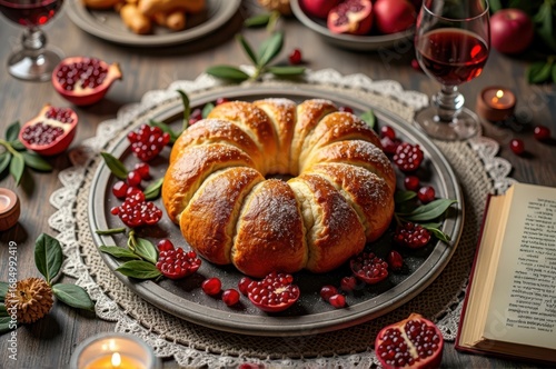 Wallpaper Mural Festive pomegranate and bread display with wine on cozy table setting Torontodigital.ca