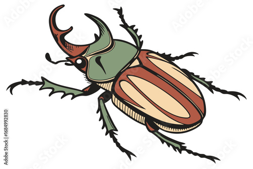 Stylized Illustration of a Rhinoceros Beetle with Distinctive Horn and Segmented Body on a Clean White Backdrop