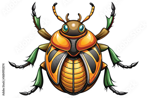 Colorful Cartoon Beetle with Intricate Details and Striking Design, Featuring Orange, Black, Green, and Brown Hues with Detailed Legs