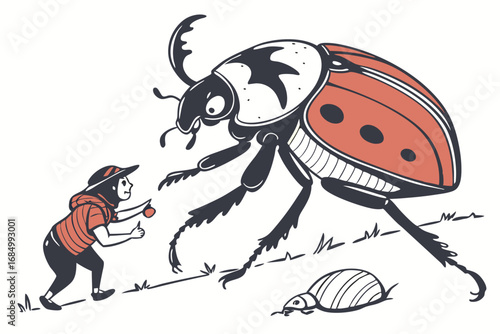 Charming Encounter A Child Offers a Treat to an Enormous Ladybug in a Whimsical Outdoor Setting