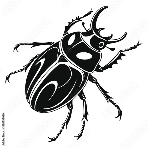 Intricate Silhouette Depiction of a Rhinoceros Beetle with Elaborate Horns and Detailed Legs, a Striking Insect Illustration