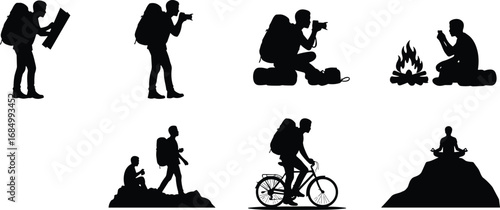 Hiking man silhouette, camping, photography, cycling, meditation, outdoor adventure, campfire, exploring nature, travel lifestyle, backpacking, mountain climbing, relaxation